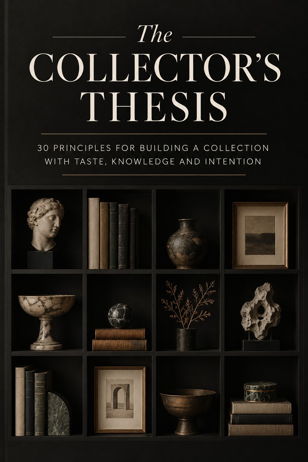 The Collector’s Thesis cover: an ivory title above a dark cabinet of sculpture, books, ceramics and collected objects.